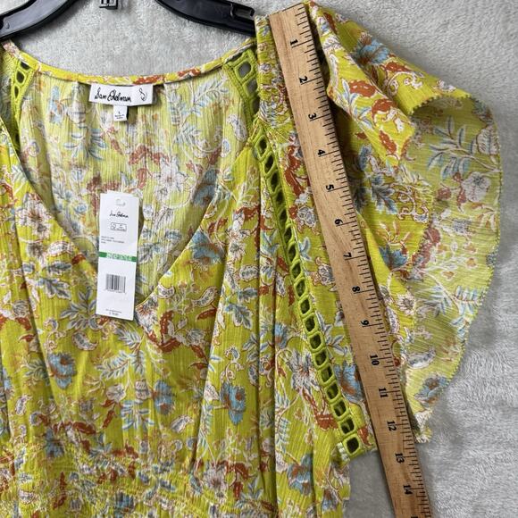 Sam Edelman NEW Women Blouse Smock Top Lg Green Apple Nyra Floral Flutter Sleeve - Picture 9 of 12